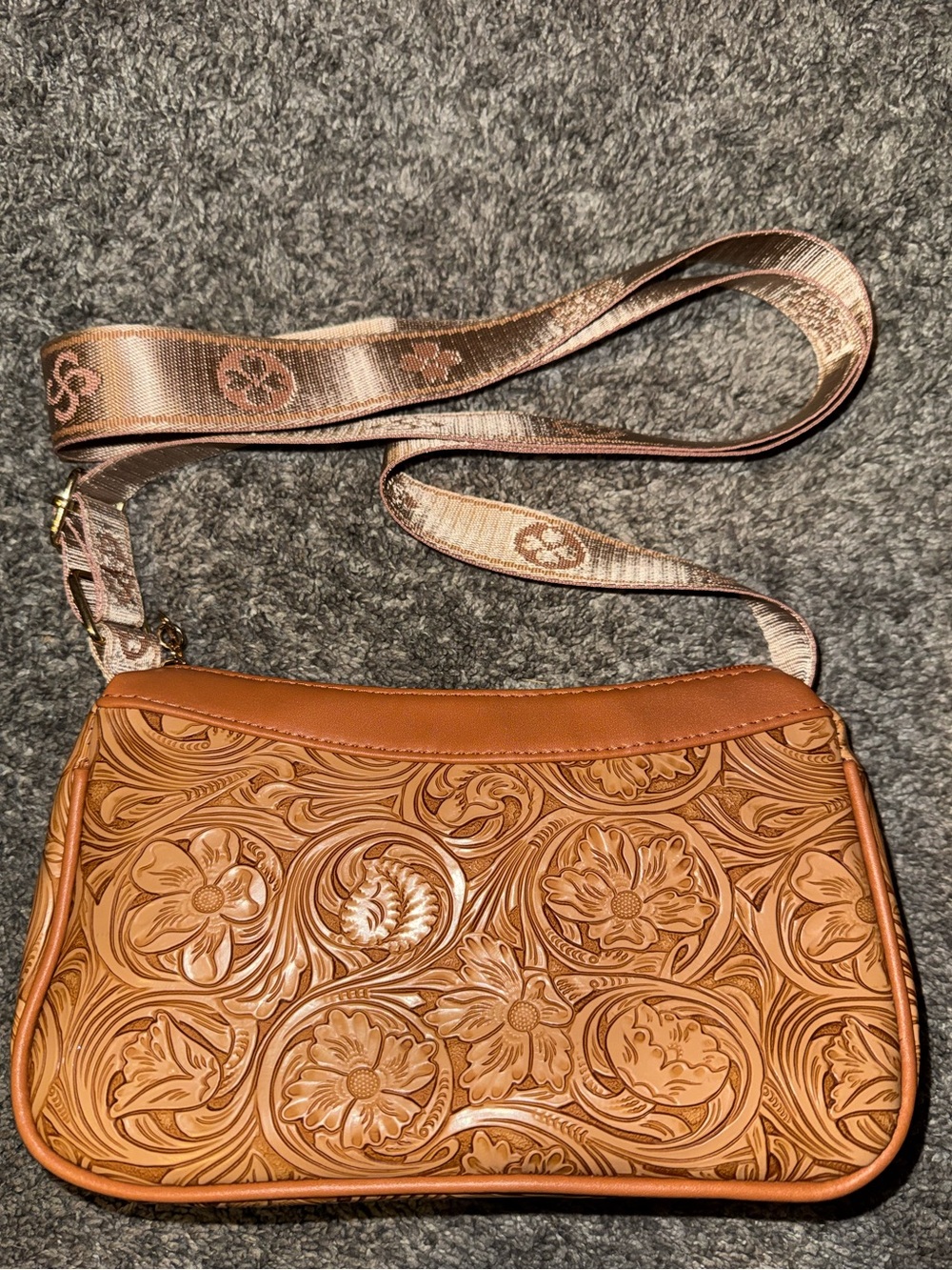 Tooled Floral Crossbody Bag in Tan vegan leather